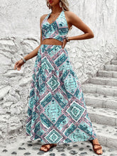 Patchwork Print Tie Back Halter Top And Skirt Set